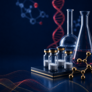 Longevity and anti-aging research peptide vials with DNA helix graphic