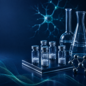 Cosmetic research peptide vials with skincare jar and bottles