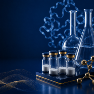 Healing and recovery research peptide vials with botanical graphic