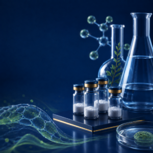 Cognitive and nootropic research peptide vials with neuron graphic